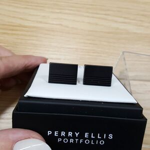 PERRY ELLIS Mens Cuff Links Black Gunmetal Stripe Cufflinks
